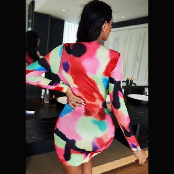 Abstract Tie-Dye Print Mini Dress - Deep V-Neck Long Sleeve Ruched Party Dress - Picture 3 of 4